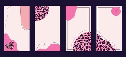 Abstract social media creative templates set. Post and story backgrounds decorated with leopard print. Editable vector