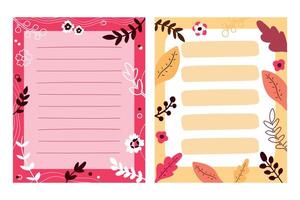 Paper notes decorated with leaves and flowers. Templates for memo, reminder or to do list. illustration vector