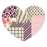 Heart made of different patterns in vintage colors. Heart made of patches with various ornament like leopard and zebra print. Heart decoration. illustration vector