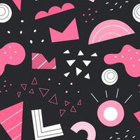 Abstract geometric shapes seamless pattern. Hand drawn various shapes and doodle objects. Abstract contemporary modern style pattern. Trendy pink core illustration. Stamp texture. Dark theme vector