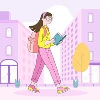 Flat Design Illustration of Cute Beautiful Girl Character Walking to School While Reading a Book vector