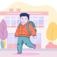 Flat Design Illustration of Cute Boy Character Walking in Front of the School Building with Smiling Expression vector