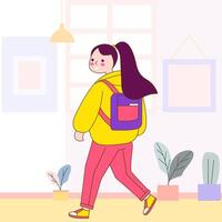 Flat Design Illustration of Cute Beautiful Girl Character Walking to School with Happy Expression vector
