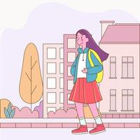 Flat Design Illustration of Cute Girl Character Standing in Front of the School Building with Smiling Expression vector
