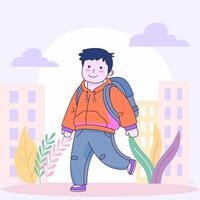 Flat Design Illustration of Cute Boy Character Wearing Backpack with Smile Expression Going to School vector