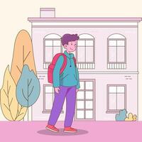 Flat Design Illustration of Cute Boy Character Standing in Front of the School Building with Smiling Expression vector