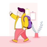 Flat Design Illustration of Cute Boy Character Wearing Backpack with Smile Expression Going to School vector