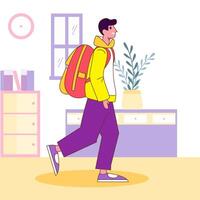 Flat Design Illustration of Cute Boy Character Wearing Backpack with Smile Expression Going to School vector