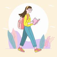 Flat Design Illustration of Cute Beautiful Girl Character Walking to School While Reading a Book vector