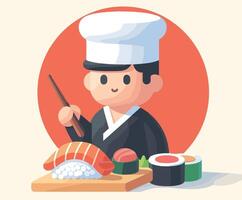 Sushi Chef with Platter of Sushi Illustration vector