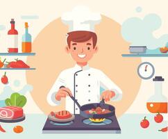 Smiling Chef Cooking Steak Illustration vector