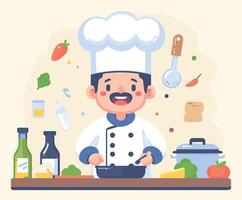 Smiling Chef Cooking Steak Illustration vector