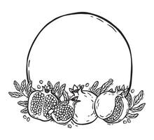 Round frame with fruits and pomegranate leaves, round outline with a pattern. botanical black and white frame, hand drawn in graphic style. Drawing for food and cosmetics packaging design, menu vector