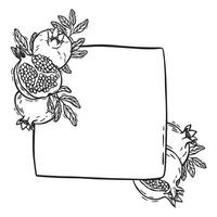 Black and white frame with a picture of pomegranates and leaves. Hand drawn illustration in graphic style on isolated background. Suitable for invitations, greeting cards or food themed designs vector