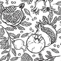 Pomegranates with leaves and seeds. seamless pattern in graphic style. Suitable for use in textile design, wallpaper, kitchen decor and wrapping paper. Black and white lines for coloring vector