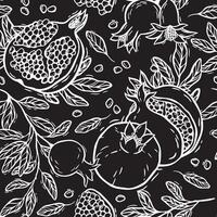 Pomegranates with leaves and seeds. seamless pattern in graphic style on a black background. Suitable for use in textile design, wallpaper, kitchen decor and wrapping paper, packaging vector