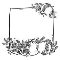 Black and white frame with a picture of pomegranates and leaves. Hand drawn illustration in graphic style on isolated background. Suitable for invitations, greeting cards or food themed designs vector