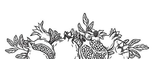 border of different pomegranates and leaves. Botanical black and white composition hand drawn in linocut style on an isolated background. Drawing for packaging juices, wine, menus, postcards vector