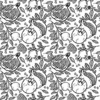 Pomegranates with leaves and seeds. seamless pattern in graphic style. Suitable for use in textile design, wallpaper, kitchen decor and wrapping paper. Black and white lines for coloring vector