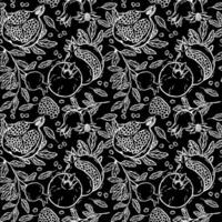 Pomegranates with leaves and seeds. seamless pattern in graphic style on a black background. Suitable for use in textile design, wallpaper, kitchen decor and wrapping paper, packaging vector