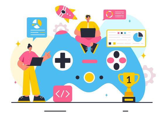 Illustration of Game Development with Games, Digital Technology, Programming, and Coding in a Flat Style Cartoon Background