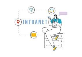 Intranet Internet Network Connection Technology Illustration to Share Confidential Company Information and Website in Flat Cartoon Background vector