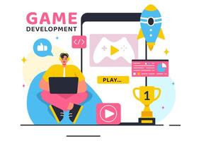 Illustration of Game Development with Games, Digital Technology, Programming, and Coding in a Flat Style Cartoon Background vector
