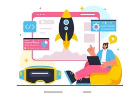 Illustration of Game Development with Games, Digital Technology, Programming, and Coding in a Flat Style Cartoon Background vector