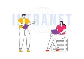 Intranet Internet Network Connection Technology Illustration to Share Confidential Company Information and Website in Flat Cartoon Background vector