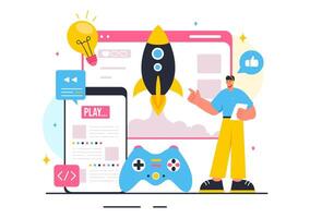 Illustration of Game Development with Games, Digital Technology, Programming, and Coding in a Flat Style Cartoon Background vector