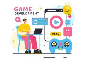 Illustration of Game Development with Games, Digital Technology, Programming, and Coding in a Flat Style Cartoon Background vector