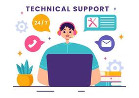 Illustration of a Technical Support System featuring Software Development, Customer Service and Technology Help in a Flat Cartoon Background vector
