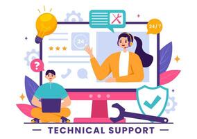 Illustration of a Technical Support System featuring Software Development, Customer Service and Technology Help in a Flat Cartoon Background vector