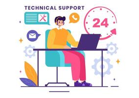Illustration of a Technical Support System featuring Software Development, Customer Service and Technology Help in a Flat Cartoon Background vector
