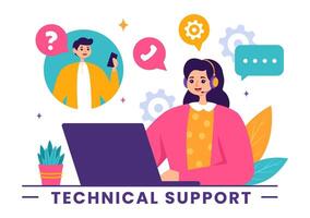 Illustration of a Technical Support System featuring Software Development, Customer Service and Technology Help in a Flat Cartoon Background vector