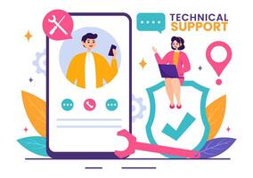 Illustration of a Technical Support System featuring Software Development, Customer Service and Technology Help in a Flat Cartoon Background vector