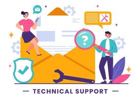 Illustration of a Technical Support System featuring Software Development, Customer Service and Technology Help in a Flat Cartoon Background vector
