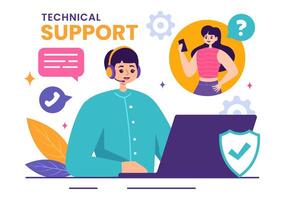 Illustration of a Technical Support System featuring Software Development, Customer Service and Technology Help in a Flat Cartoon Background vector