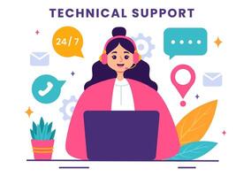 Illustration of a Technical Support System featuring Software Development, Customer Service and Technology Help in a Flat Cartoon Background vector