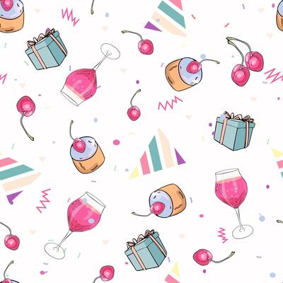 pattern of glasses, cherries, birthday gifts. For printing on prints, designer blanks, T-shirts, wrapping paper, wallpaper