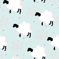 Cute pattern with sheep and lambs. Tender red hearts in a seamless illustration vector