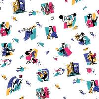 A set of icons on the theme of art forms. Music, choreography, singing, literature, theater, circus. Hobbies of creative people. Icons for the site, banner and print. Emblems, symbols. Pattern. vector