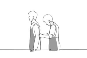man helping another with tying an apron - one line art . concept men are going to cook, cooking master class vector