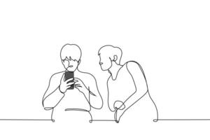 man looks into the phone screen of the man sitting next to him - one line art . concept a stranger peeps into your correspondence, a jealous and suspicious man vector