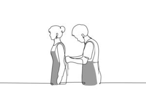 man helping woman with tying an apron - one line art . concept men are going to cook, handmade master class vector