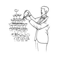 waiter pours champagne into a glass standing inside a pyramid of glasses - a doodle sketch drawn by a hand. concept man in a suit with a bow tie smiling holding a bottle above a tower of glasses vector