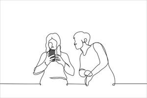 man looks into the phone screen of a woman sitting next to him - one line art . concept a stranger peeps into your correspondence, a jealous and suspicious man vector
