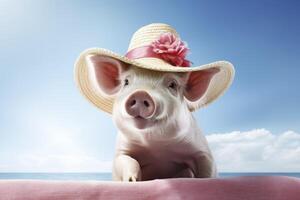 Summer card with happy cute pig piglet in summer straw hat on a beach . Holidays, summer and celebration concept photo