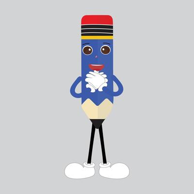 Hand drawn cute illustration school pencil character with smiling face. Flat icon college stationery with rubber in colored doodle style. Education or study sticker, icon. Back to school. Isolated.