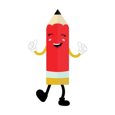 Hand drawn cute illustration school pencil character with smiling face. Flat icon college stationery with rubber in colored doodle style. Education or study sticker, icon. Back to school. Isolated.